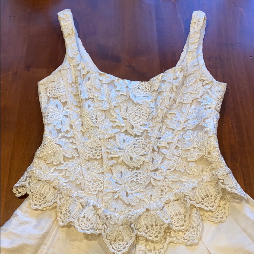 Dupioni silk lined lace bustier and silk skirt.